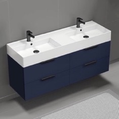 Double Floating Bathroom Vanity, Modern, Blue, 56 inch